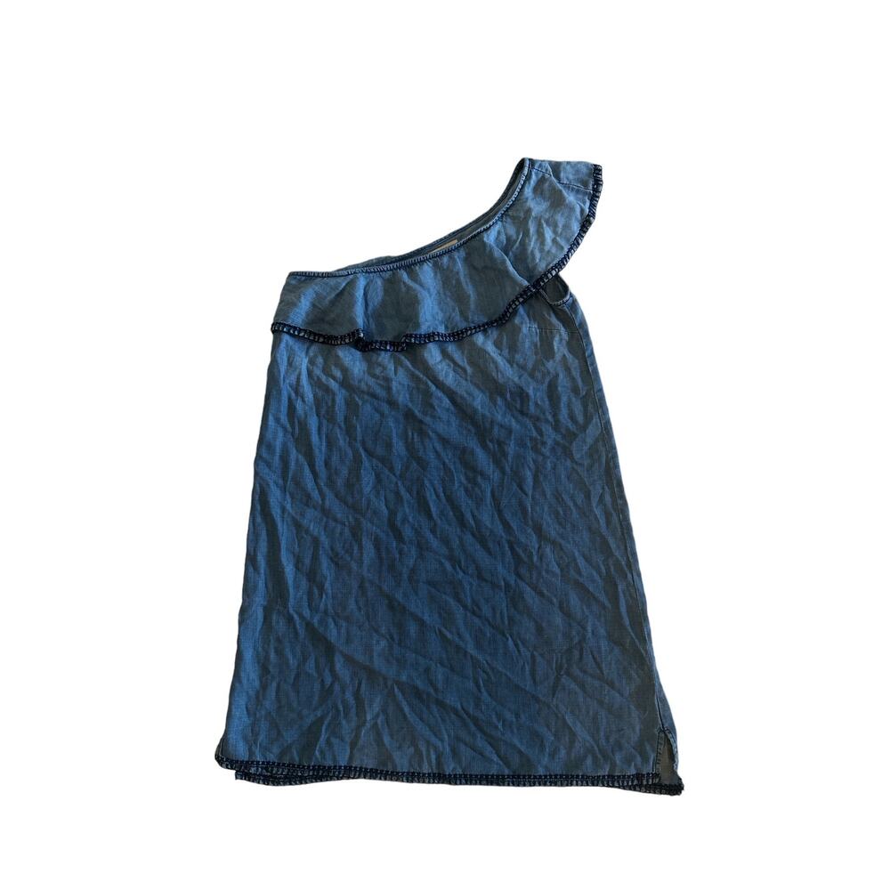 Women M Cloth & Stone One Shoulder Denim Jean Chambray Ruffle Neck Shift Dress